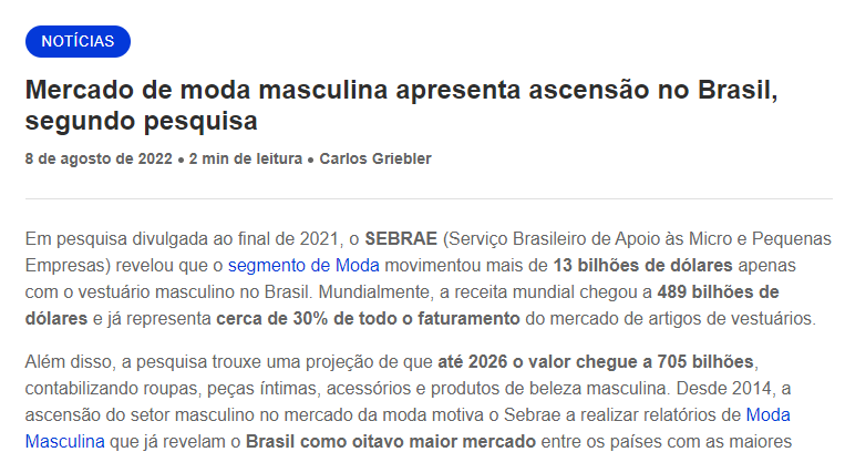 mercado de moda masculina apresenta ascensão no Brasil segundo pesquisa. 