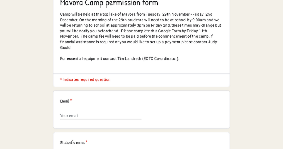 Mavora Camp permission form