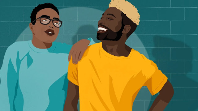 illustration of two friends smiling next to each other
