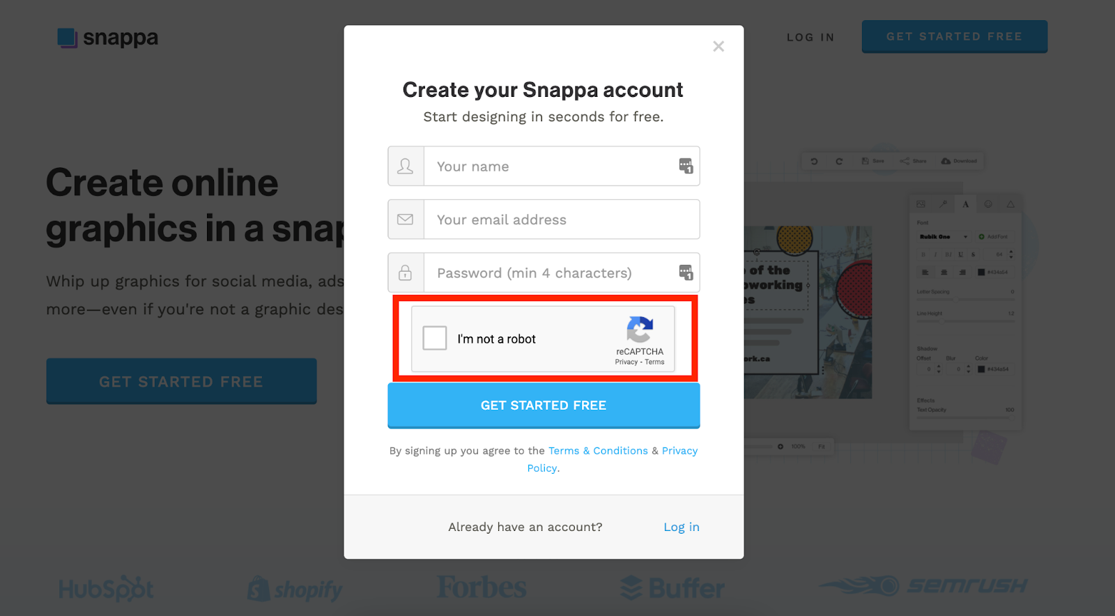 Best user onboarding example: RECAPTCHA in Snappa's sign up page.