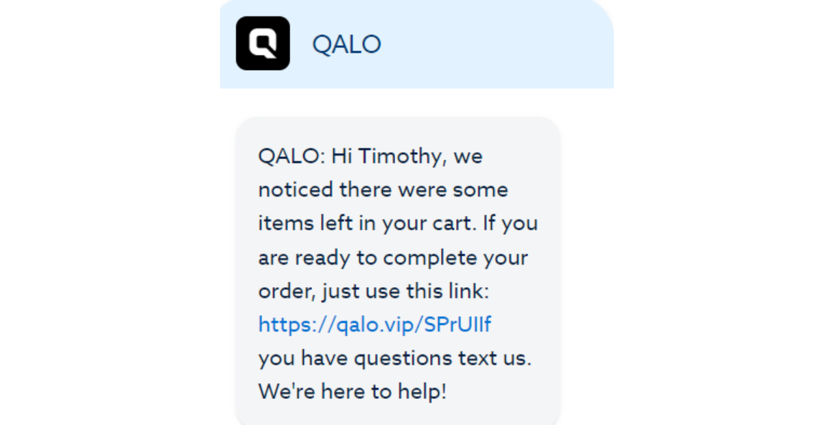 A cart abandonment text message from Qalo