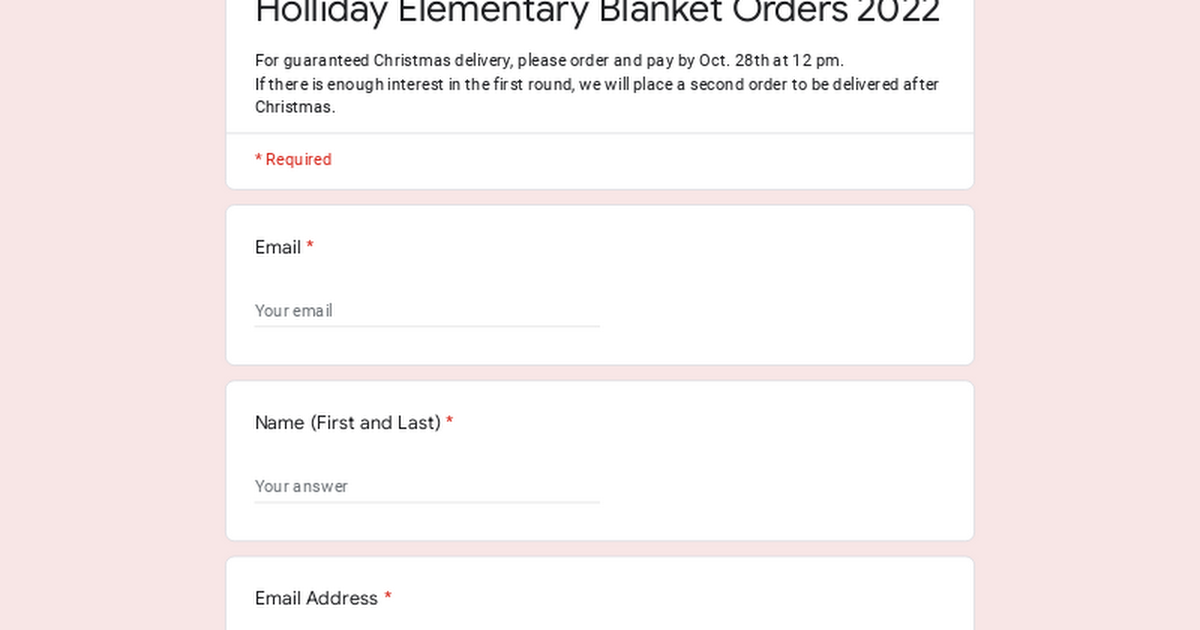 Holliday Elementary Blanket Orders 2022
