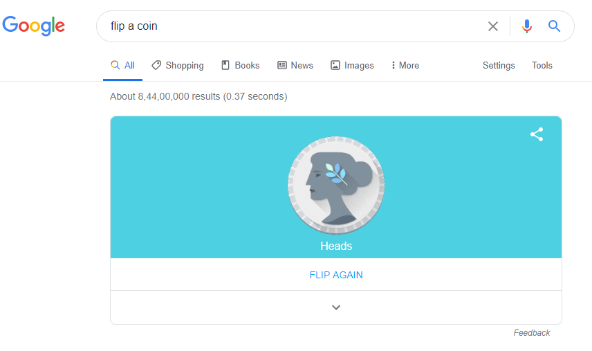 Google Search can be used to toss a coin.