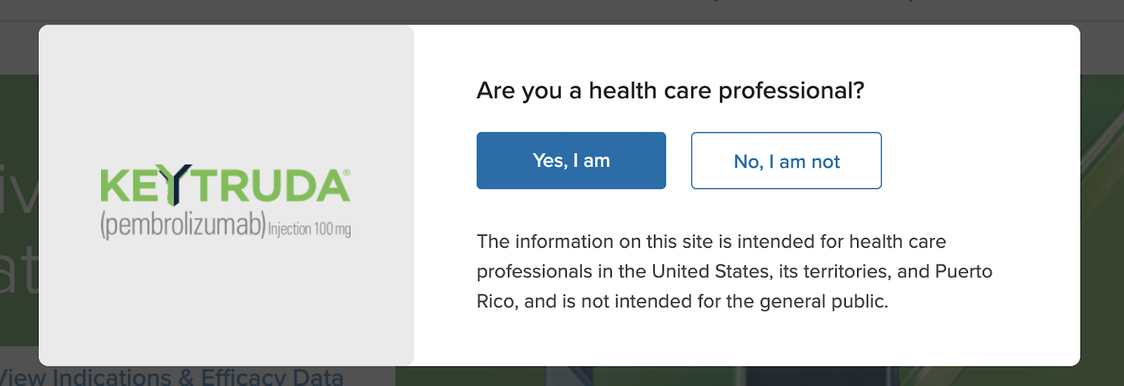 Screenshot from Keytrudahcp.com, showing the website is intended only for US healthcare professionals
