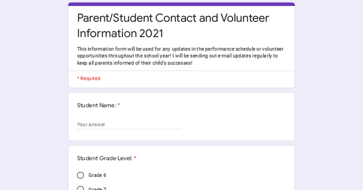 Parent/Student Contact and Volunteer Information 2021