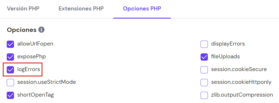 Sección de ajustes de PHP en hPanel