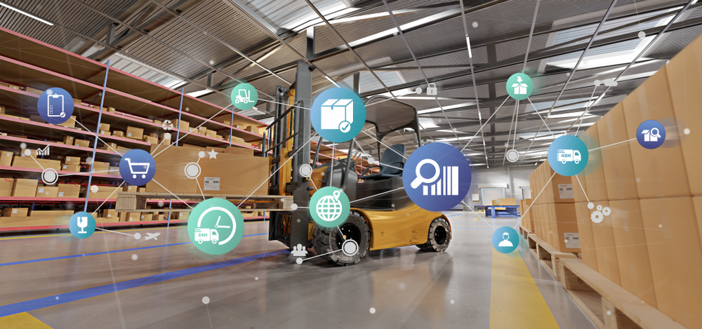 forklift in warehouse with icons showing different processes