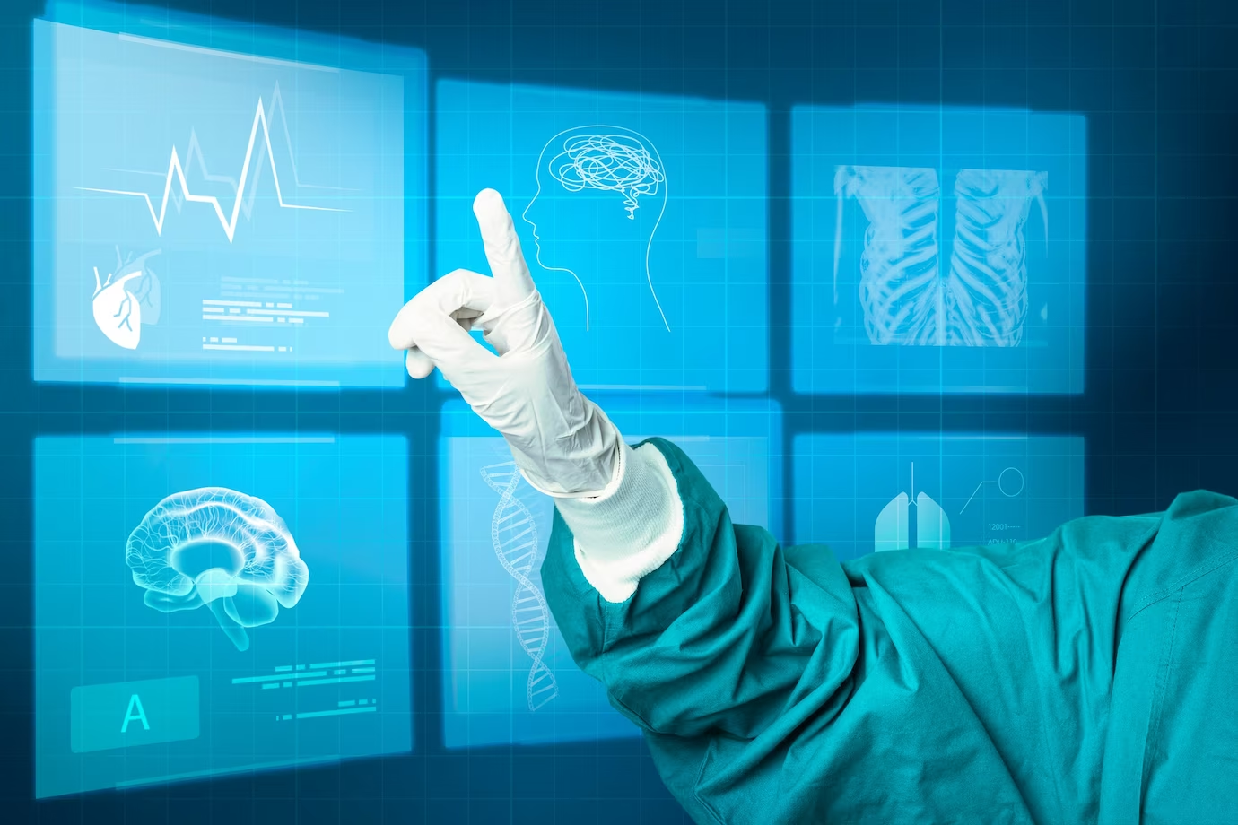 Medical glove pointing at virtual medical imaging technology.