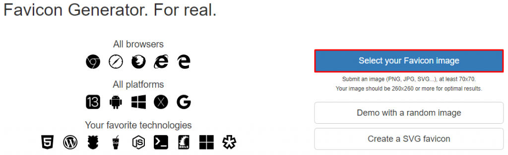 Page d'accueil de RealFaviconGenerator, avec le bouton "sélectionnez votre image favicon" en surbrillance 