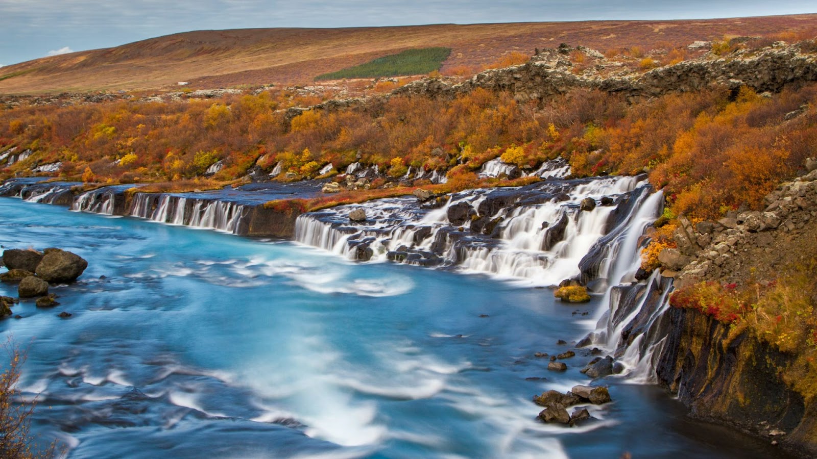 The Hraunfossar waterfall, made up of thousands of tiny streams, on a sunny day