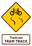 Warning sign tram line - slippery for cyclists