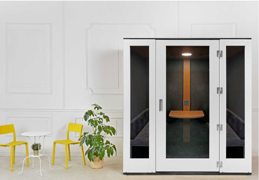 Soundproof meeting pods provide a secure environment for confidential conversations.
