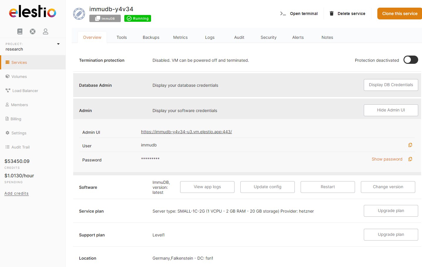 Elestio dashboard > Services > Overview of immudb instance