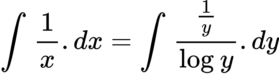 {"id":"5-0-1-0-1-0-1-1-0","code":"\\begin{align*}\n{\\int_{}^{}\\frac{1}{x}.dx}&={\\int_{}^{}\\frac{\\frac{1}{y}}{\\log_{}y}.dy}\t\n\\end{align*}","type":"align*","font":{"family":"Arial","color":"#000000","size":10},"ts":1603630081547,"cs":"qO0vwO5o/zEWMOeyrHYjBA==","size":{"width":161,"height":42}}