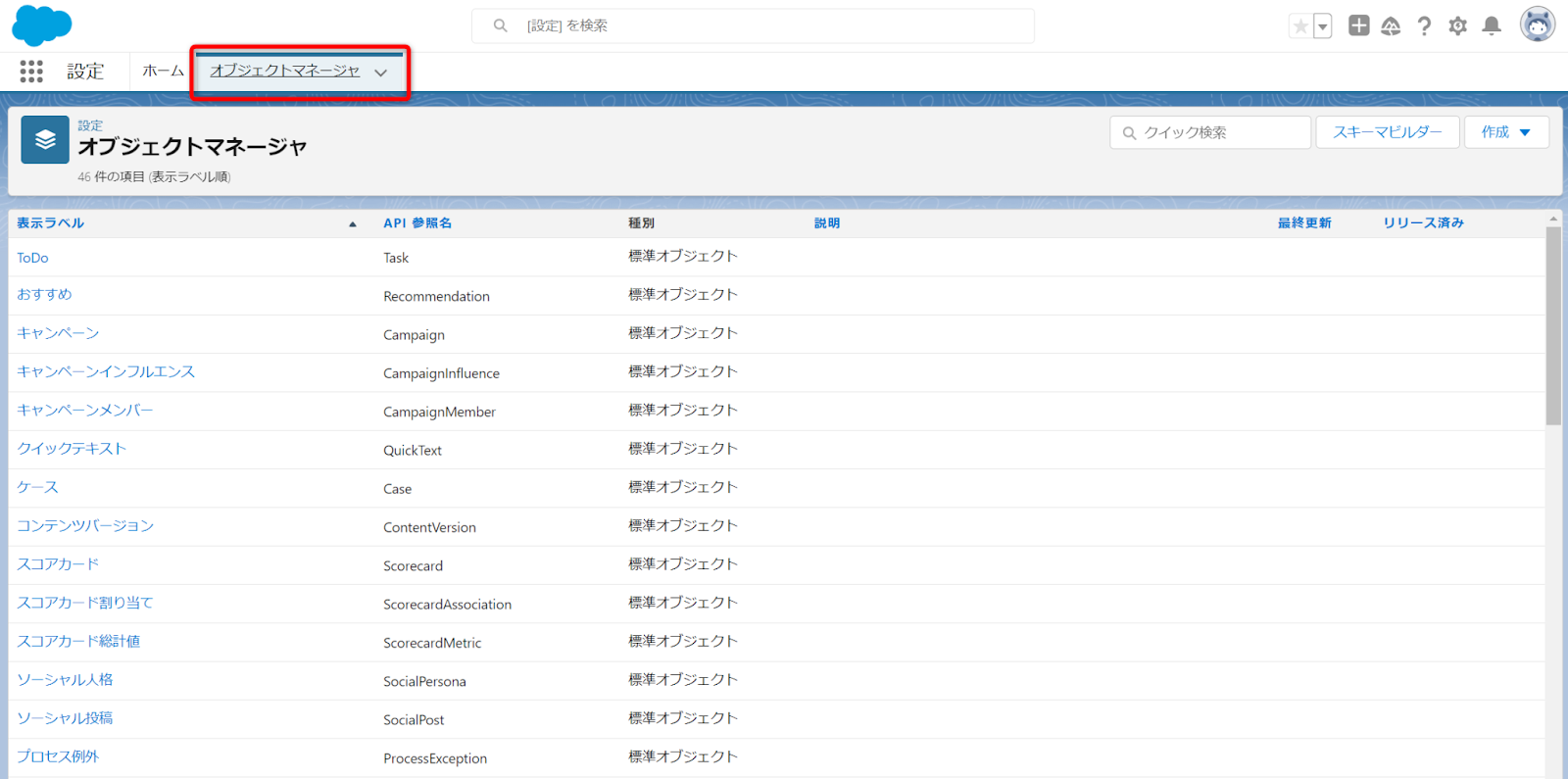 Salesforce オブジェクトマネージャー
