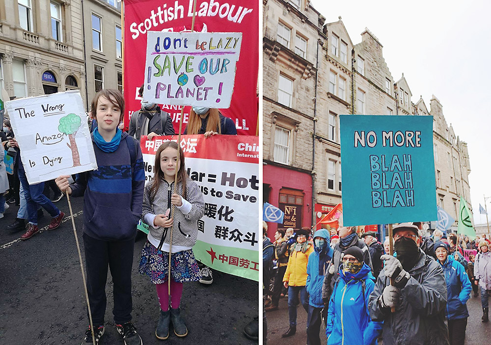 2 photos of people holding banners. One is of two young children - banners: the wrong amazon is dying and don't be lazy save our planet. The other is an old couple with banner: no more blah blah blah.