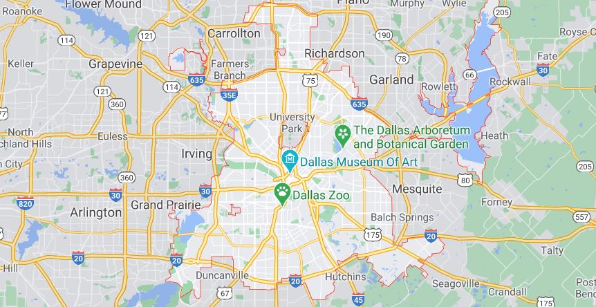 A Google Map of Dallas, Texas, showing the major highways