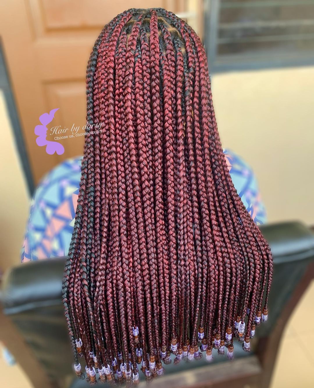 42. Long Medium Burgundy Knotless Braids With Color Beads
