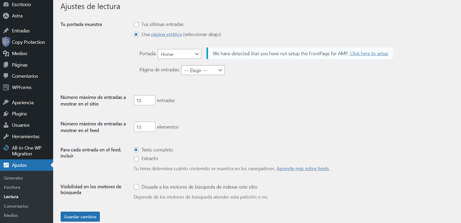 Sección Ajustes de lectura de WordPress