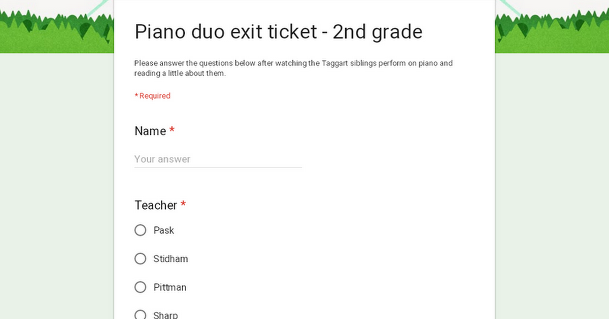 Piano duo exit ticket - 2nd grade
