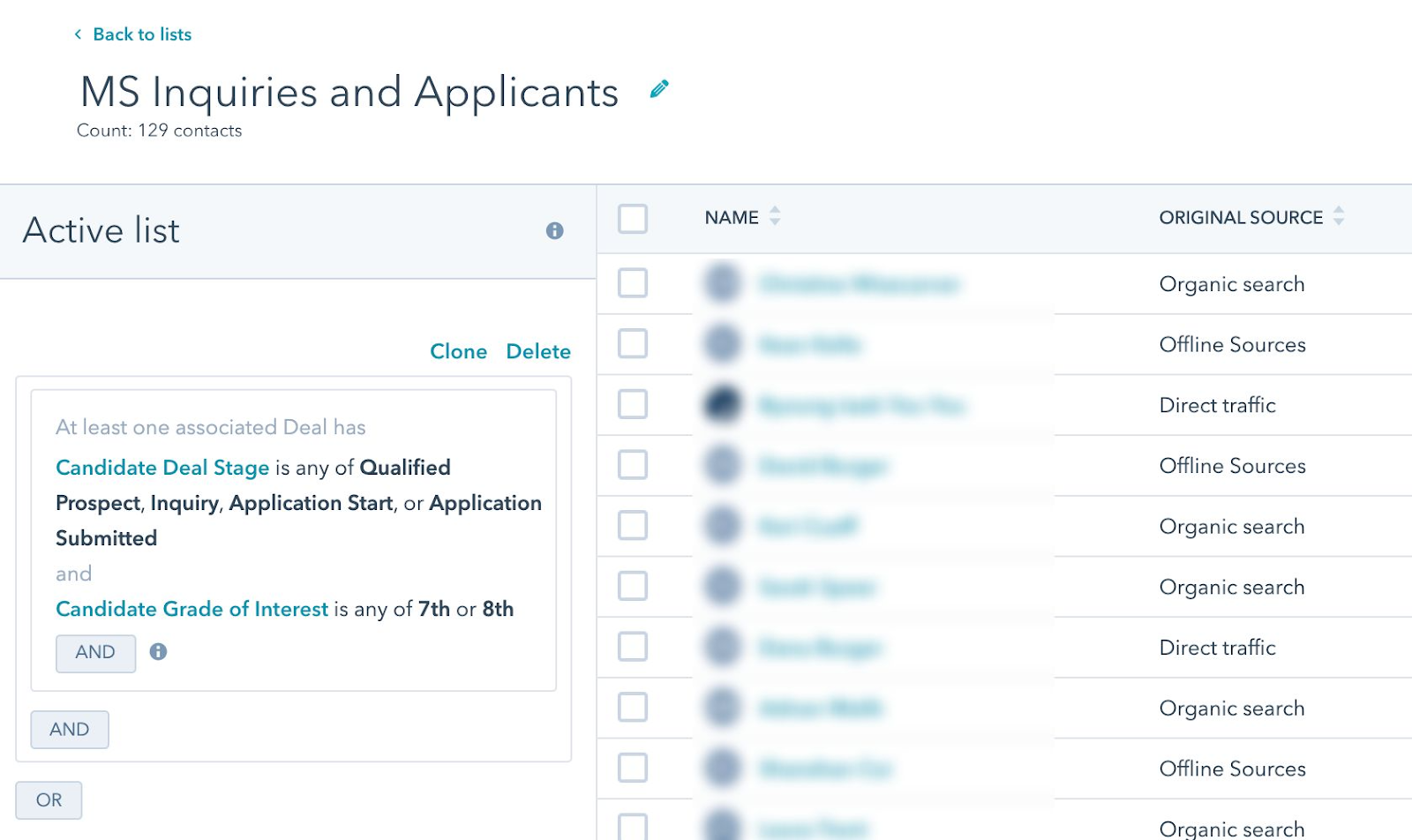 a contact list using deal association logic to filter contacts