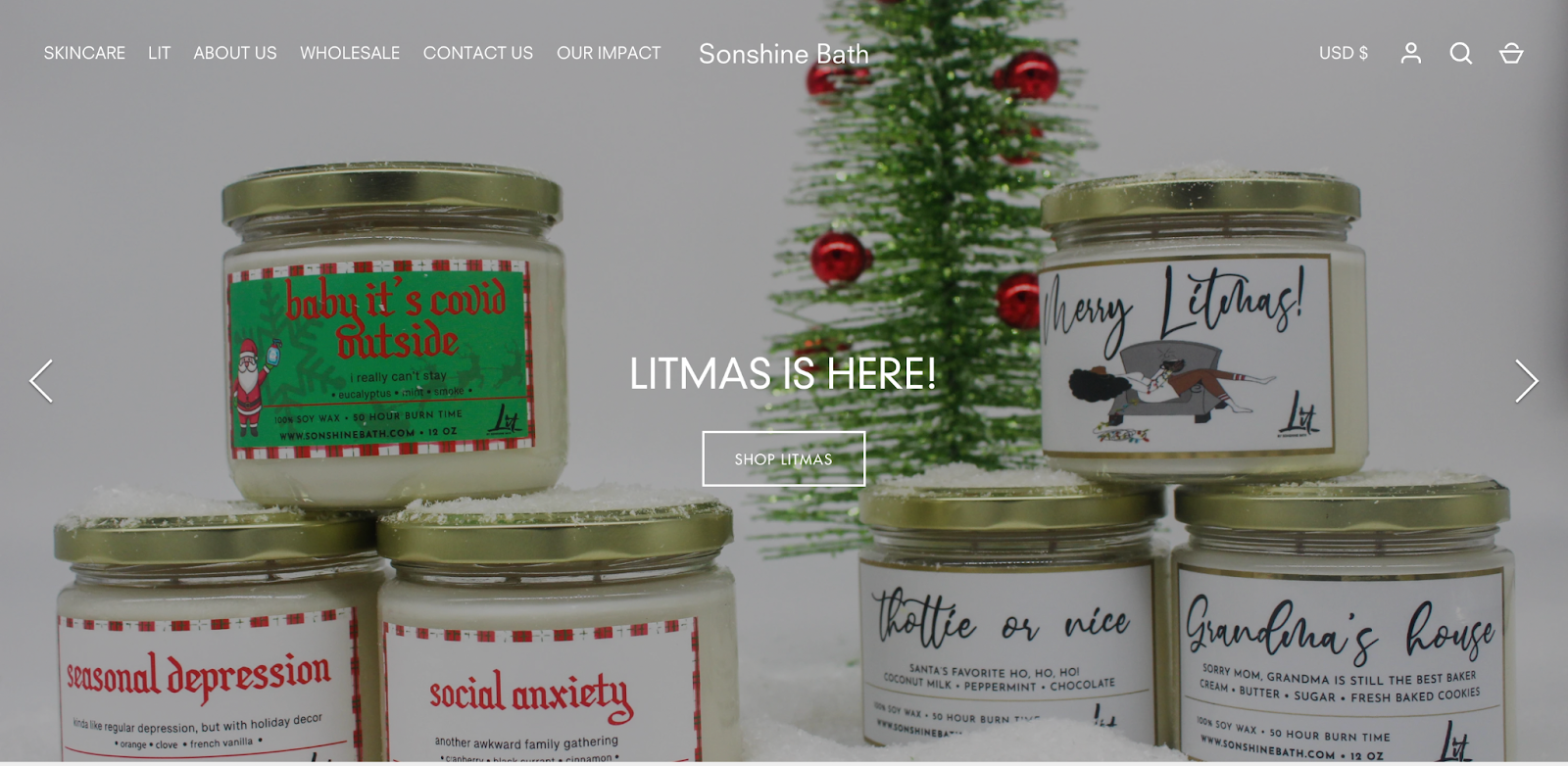 Support Black-owned businesses–A screenshot of Sonshine Bath’s homepage showing their Litmas candle collection with text that reads “LITMAS IS HERE!” 