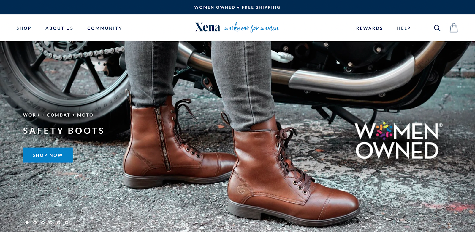 Branding checklist–A screenshot from Xena Workwear for Women's homepage showing a pair of brown safety boots and a label saying "Women Owned". 