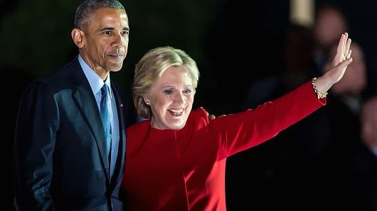 President Barack Obama and Democratic presidential nominee former Secretary of State Hillary Rodham Clinton on stage during the Hillary Clinton 'Get Out The Vote' campaign rally on November 7, 2016 in Philadelphia, Pennsylvania.