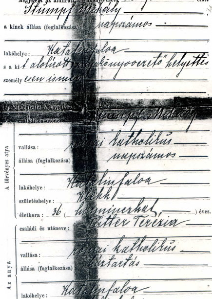 Snippet of a document. Preprinted form in Hungarian print and filled out in German handwriting. A dark cross is on the page, the results of photocopying a taped up document.