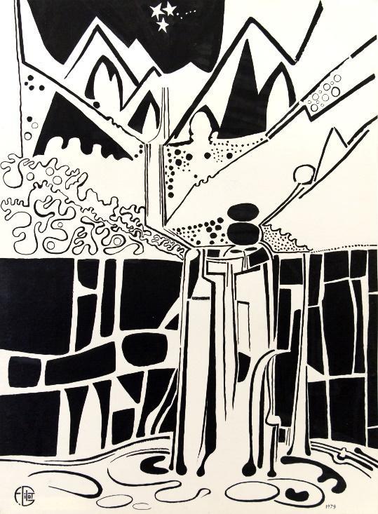 Françoise Gilot: Hegyi vízesés, 1979, 76x56 cm, tus, papír; Fotó: Várfok Galéria