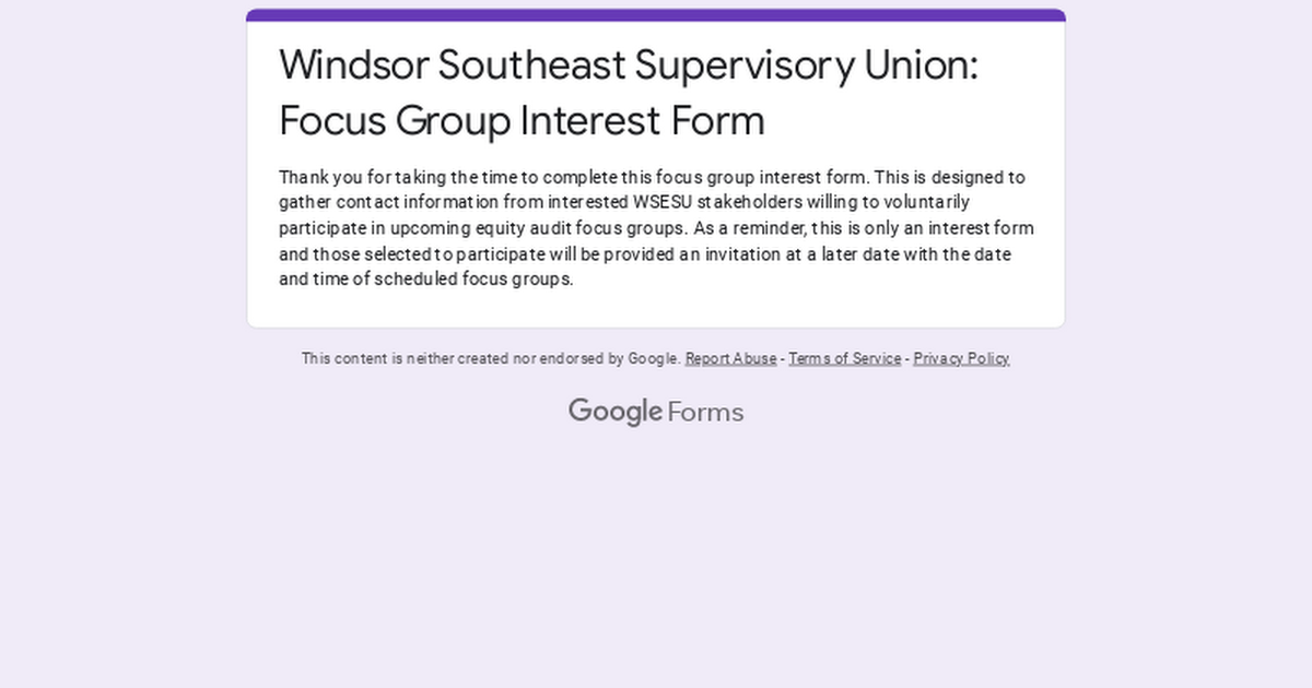 Windsor Southeast Supervisory Union: Focus Group Interest Form