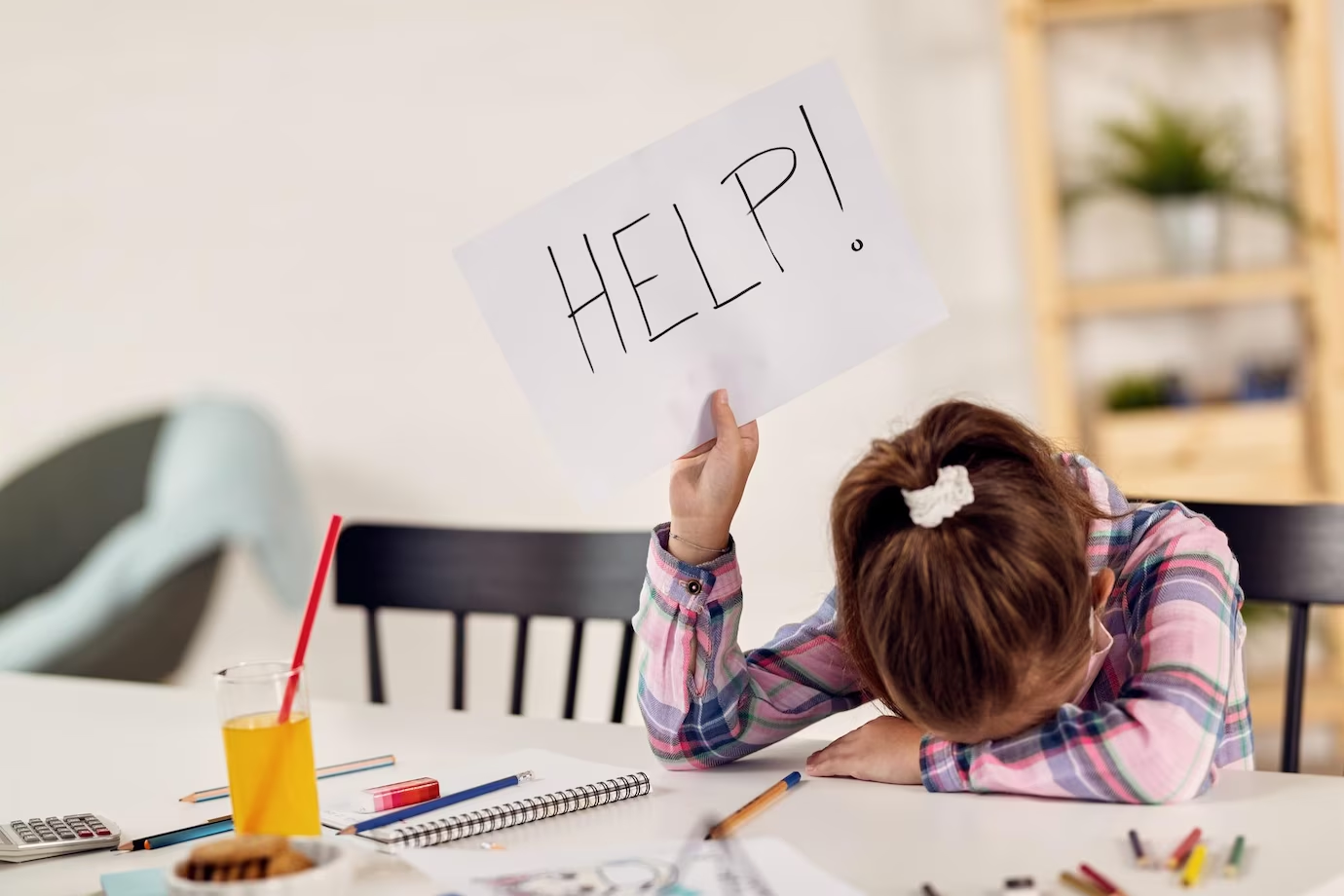 Enthusiastic young student asking for help during homeschooling.