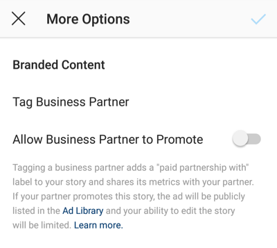 Screenshot of the branded content option on Instagram.