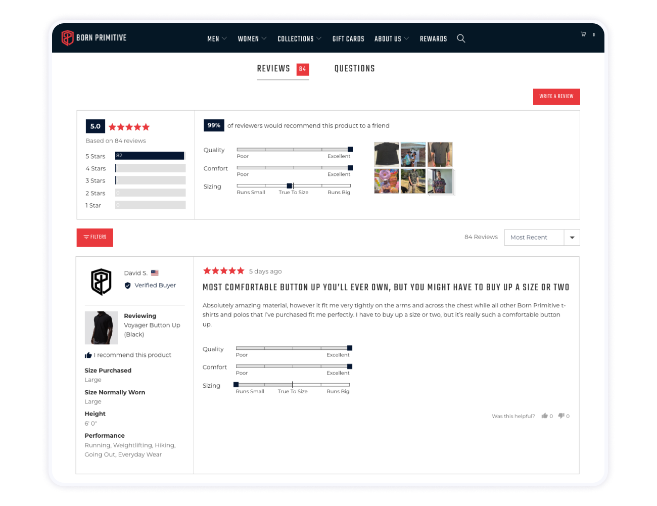 High-quality reviews with customer photos to show how apparel fits customers 