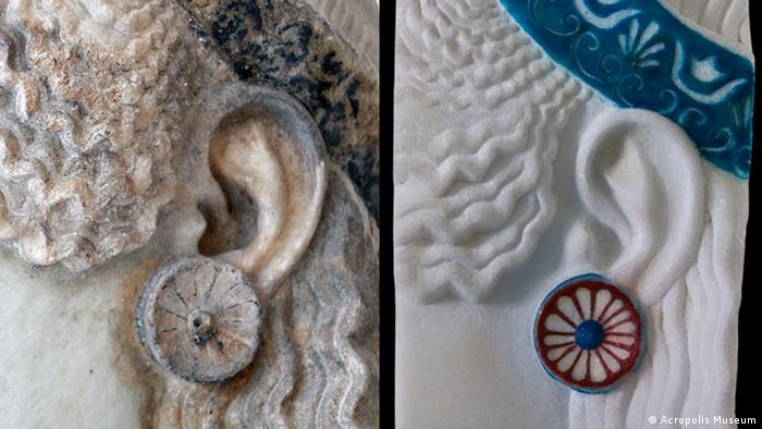 Escultura del Museo de la Acrópolis, en Grecia, que evidencia rastros de pintura sobre el mármol.