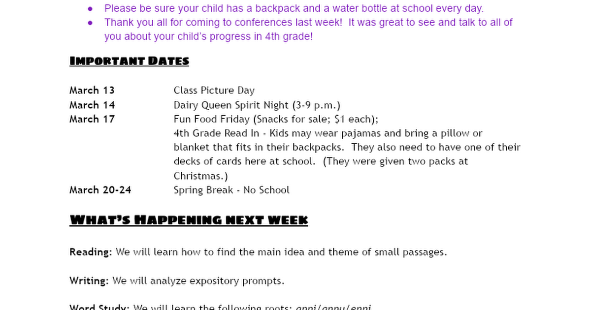4th Grade Newsletter 3/13/23