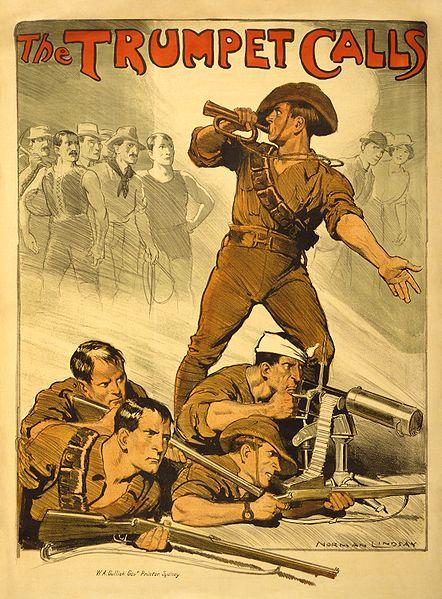 Poster of Australian soldiers with the slogan "the trumpet calls."