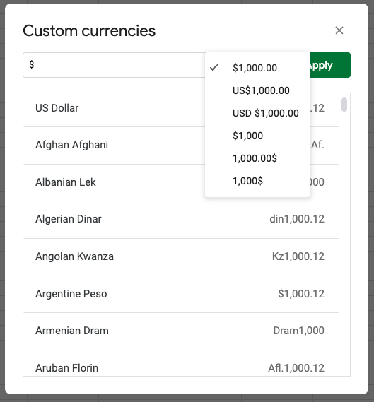 Adding custom currency in google sheets