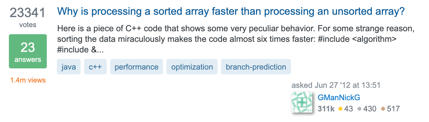Why is processing a sorted array faster than processing an unsorted array?