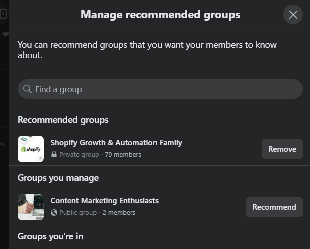 Manage recommended groups for Facebook group