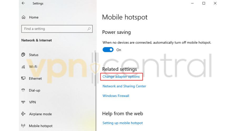 Mobile hotspot adapter options on windows