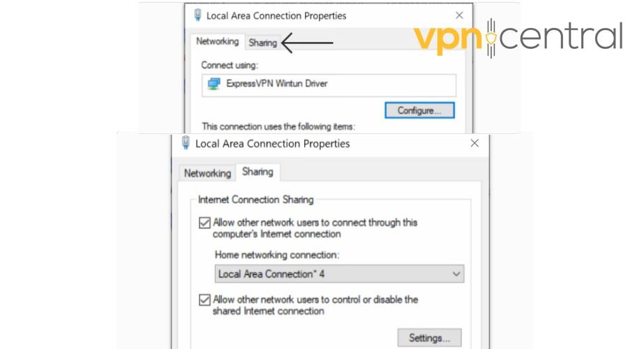 windows 10 local area connection sharing settings