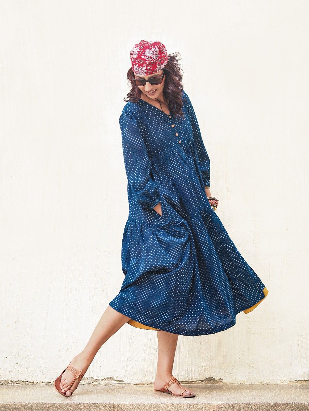 the loom - Indigo Polka Dot Printed Cotton Dress