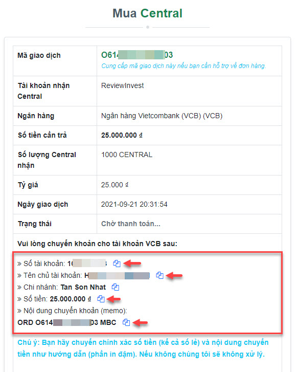 Thông tin chi tiết đơn hàng mua Central