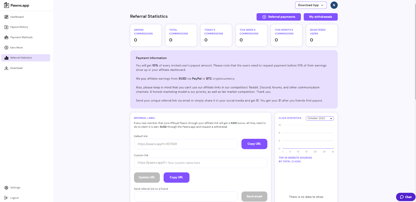 referral dashboard in pawns.app