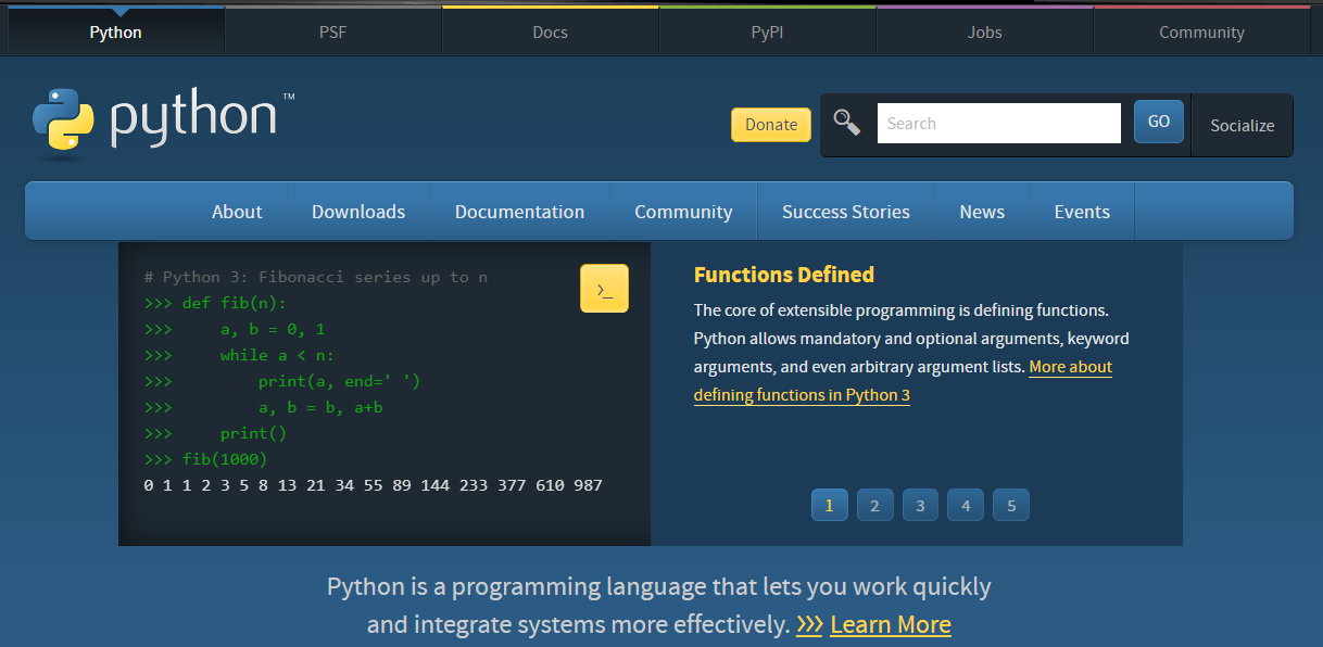 Página inicial do site da linguagem Python