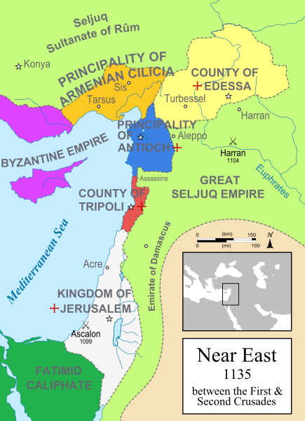 Map of the Latin Principalities in the Levant. The largest is the Kingdom of Jerusalem, which comprises much of the southern Levant, boarded to the South by the Fatimid Caliphate.