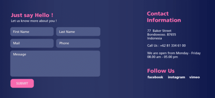 Example contact form in footer