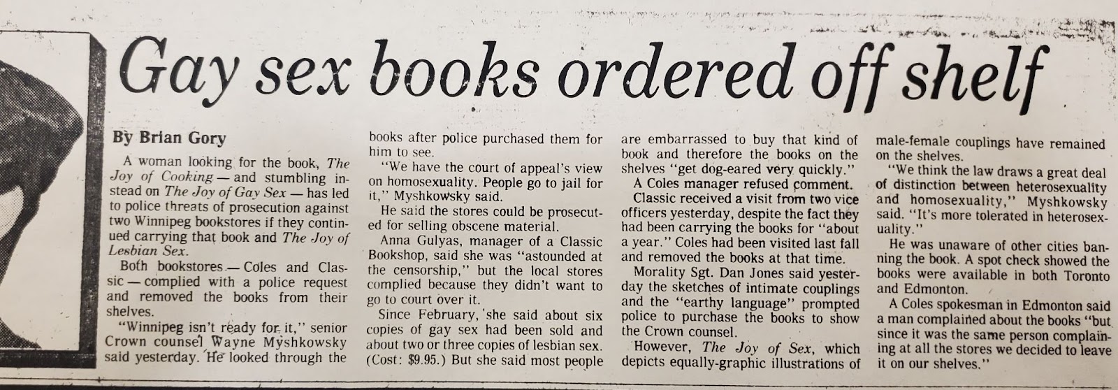 Newspaper article with a title that reads “gay sex books ordered off shelf.”