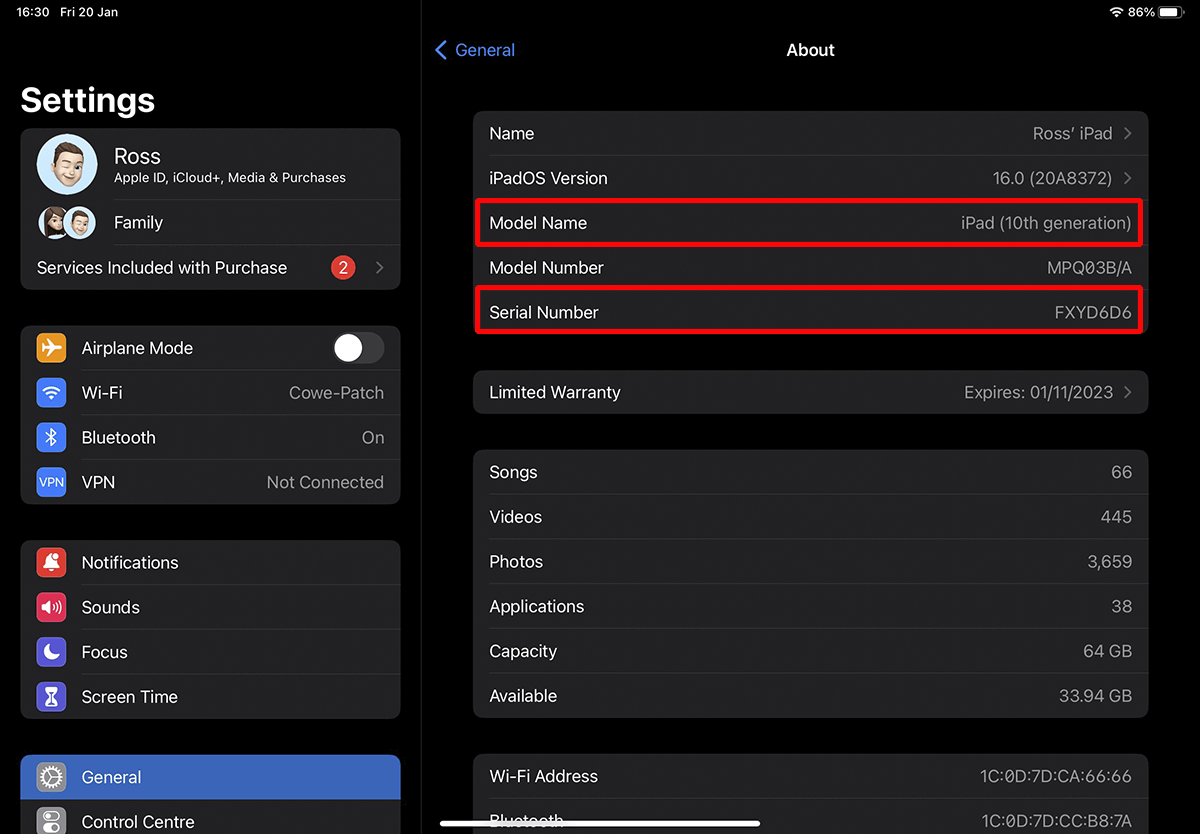 The settings > general menu of an iPad which will tell you the model name and the serial number